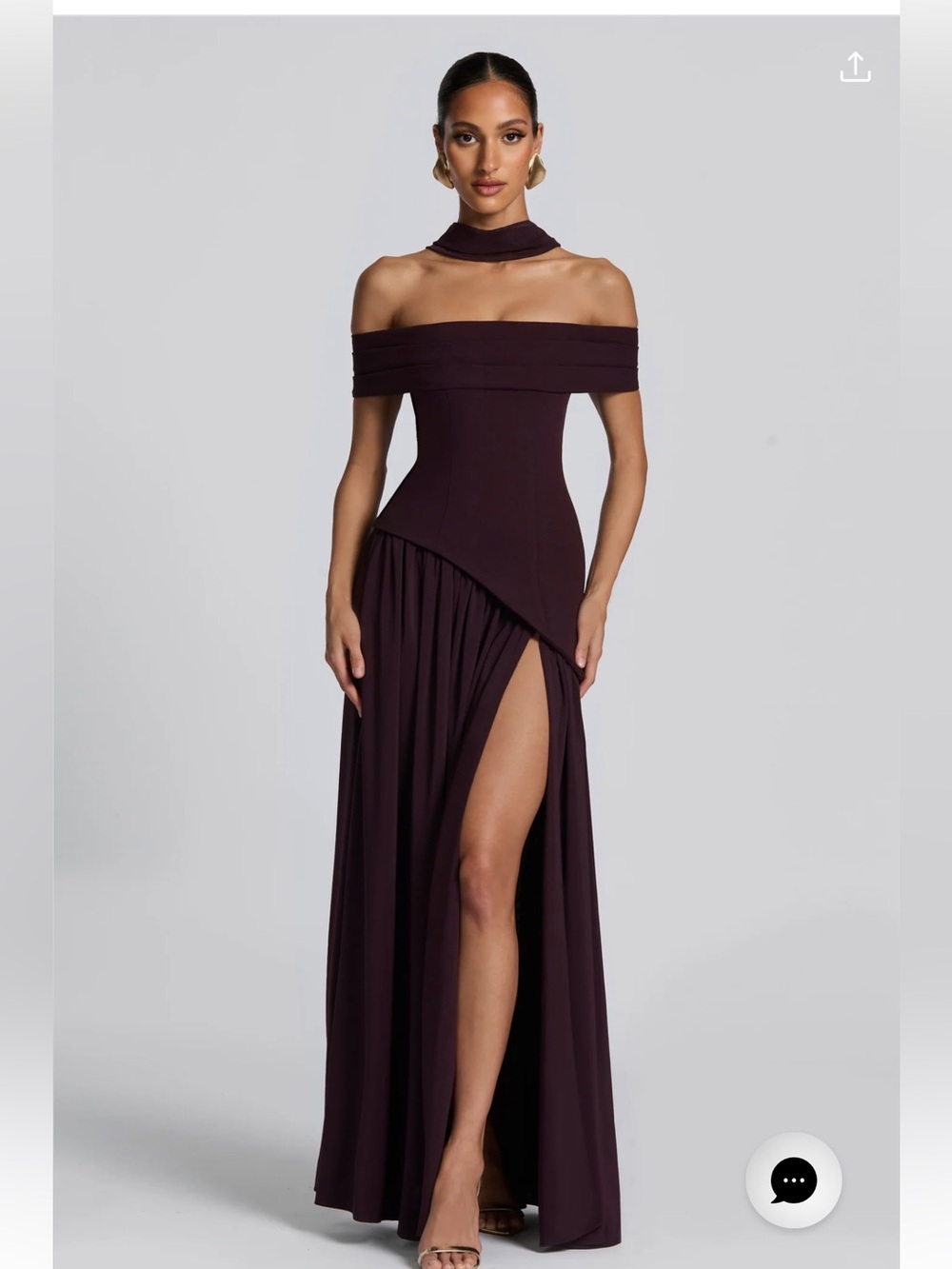 Off-Shoulder Plum Formal Gown with Choker Neck and High Thigh Slit